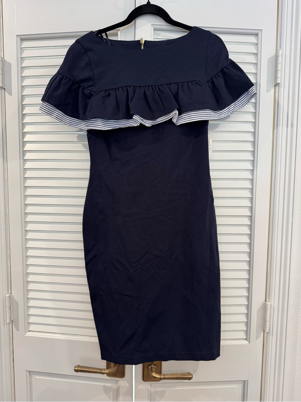 Eliza J Navy Ruffle Off-Shoulder Midi Dress with Striped Trim